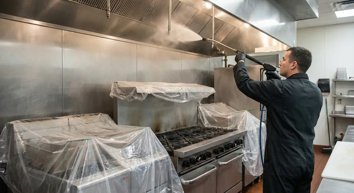 Restaurant hood cleaning inside a commercial kitchen